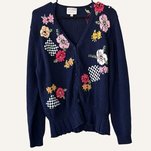 Vintage Susan Bristol whimsical hand embroidered floral knit Cardigan size large
